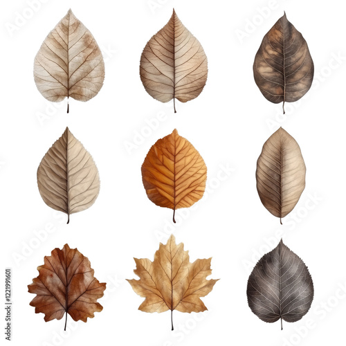 A collection of nine dried leaves showcasing a range of autumnal colors and diverse leaf structures against a black background. photo