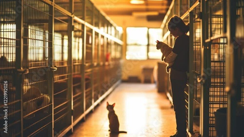 A person holds a cat while another sits nearby in a shelter. AI.