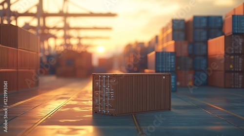 A photograph of a dock with numerous cargo containers at sunset, with a single container in focus.  photo