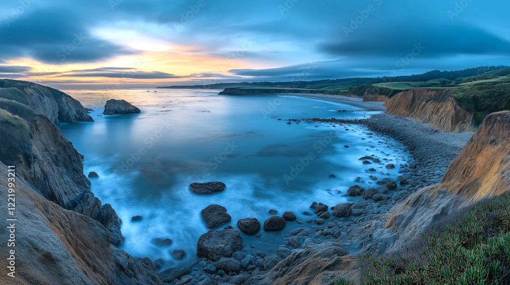 Beautiful sunset over rocky coast with calm water and soft clouds at twilight. Generative AI Beautiful sunset over rocky coast with calm water and soft clouds at twilight. Generative AI