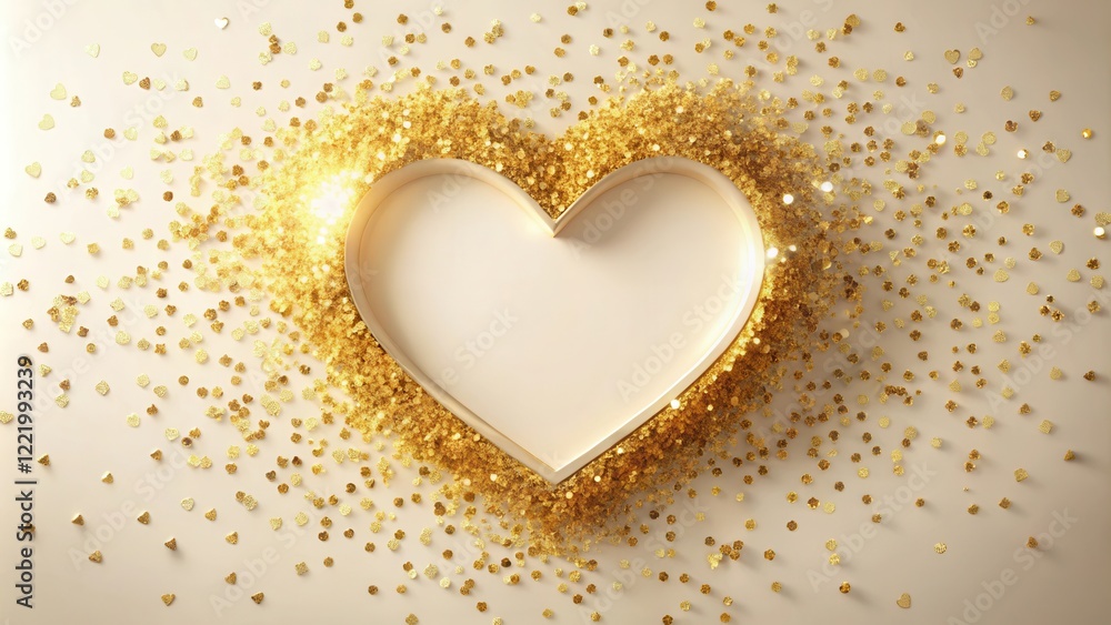 Golden Heart Frame Surrounded by Sparkling Confetti for Romantic Design Golden Heart Frame Surrounded by Sparkling Confetti for Romantic Design