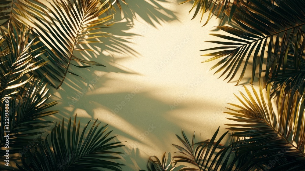 Tropical Palm Leaves Shadow Background Summer Design Beige Wall Nature Scene Tropical Palm Leaves Shadow Background Summer Design Beige Wall Nature Scene