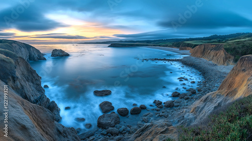 Beautiful sunset over rocky coast with calm water and soft clouds at twilight. Generative AI