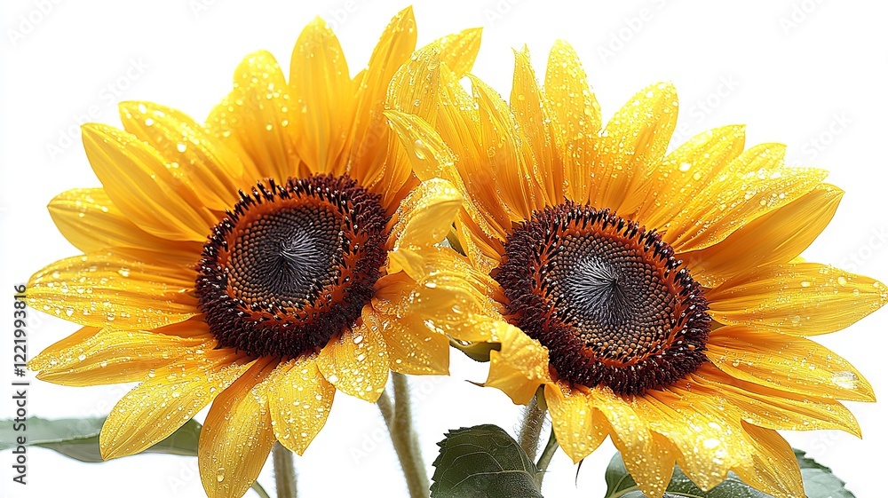 Naklejka premium Bright Yellow Sunflowers Drenched in Morning Dew
