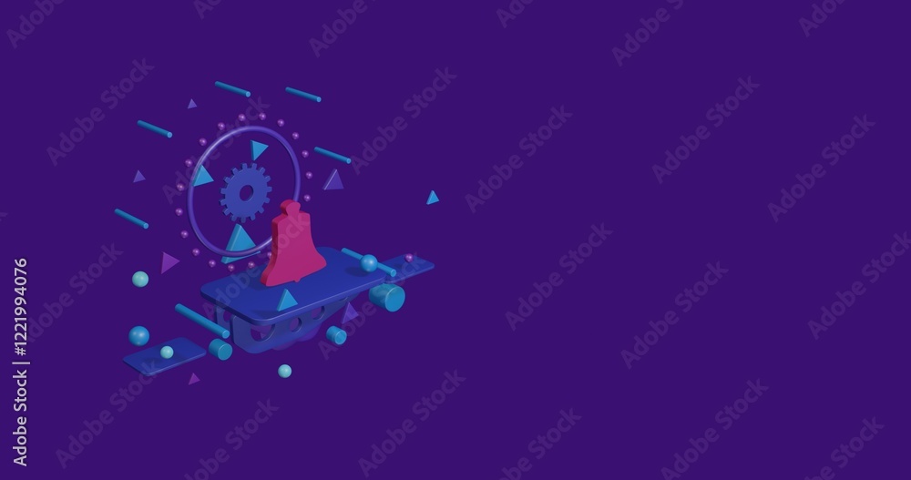 Naklejka premium Pink vintage bell symbol on a pedestal of abstract geometric shapes floating in the air. Abstract concept art with flying shapes on the left. 3d illustration on deep purple background