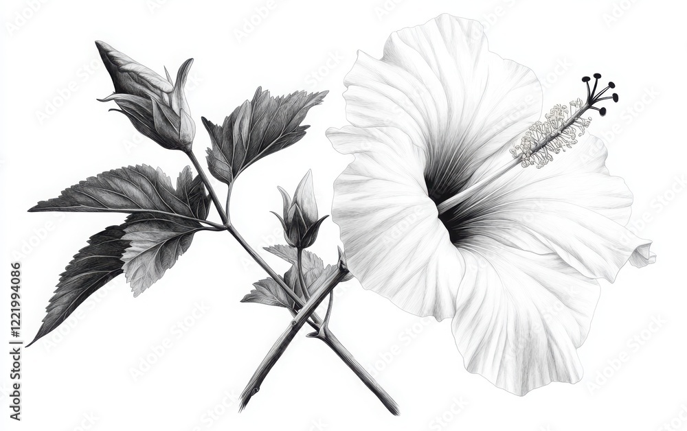 Fototapeta premium A monochrome vector illustration of a hibiscus flower and its stem, with the focus on the delicate veins of the petals and leaves