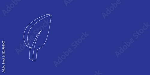 The outline of a large leaf symbol made of white lines on the left. 3D view of the object in perspective. Vector illustration on indigo background