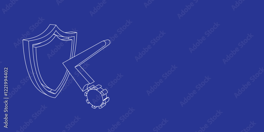 The outline of a large virus bounces off the shield symbol made of white lines on the left. 3D view of the object in perspective. Vector illustration on indigo background The outline of a large virus bounces off the shield symbol made of white lines on the left. 3D view of the object in perspective. Vector illustration on indigo background