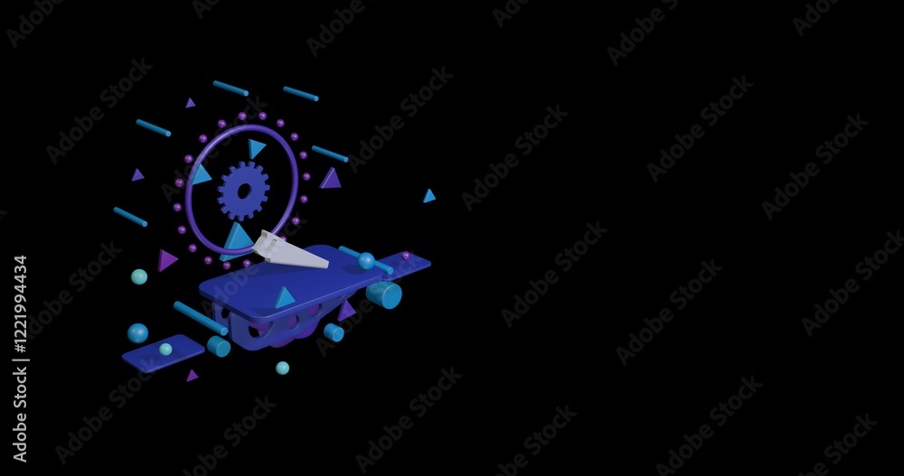 Fototapeta premium White hand saw symbol on a pedestal of abstract geometric shapes floating in the air. Abstract concept art with flying shapes on the left. 3d illustration on black background