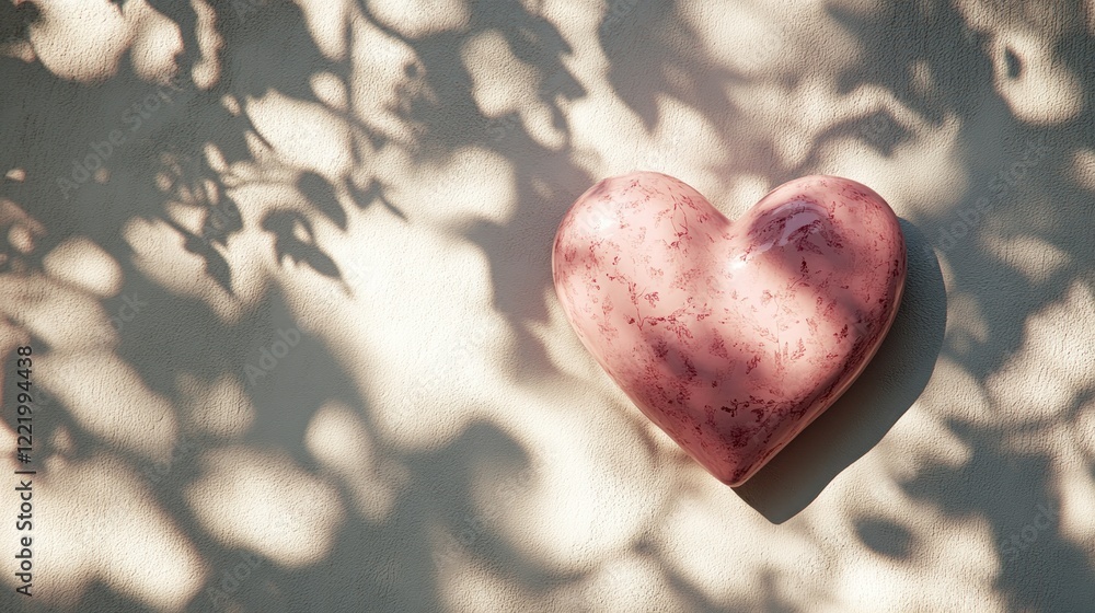 Fototapeta premium Pink heart, sunlit surface, leaf shadows, spring background, romance