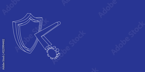 The outline of a large virus bounces off the shield symbol made of white lines on the left. 3D view of the object in perspective. Vector illustration on indigo background