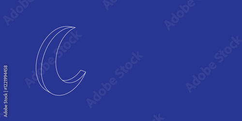 The outline of a large moon symbol made of white lines on the left. 3D view of the object in perspective. Vector illustration on indigo background