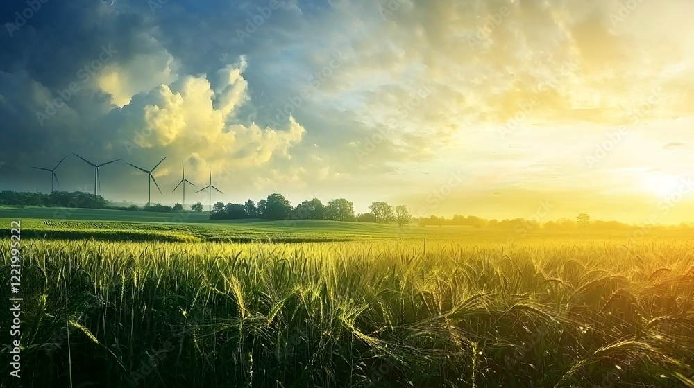 Sunset over green wheat field with wind turbines Sunset over green wheat field with wind turbines