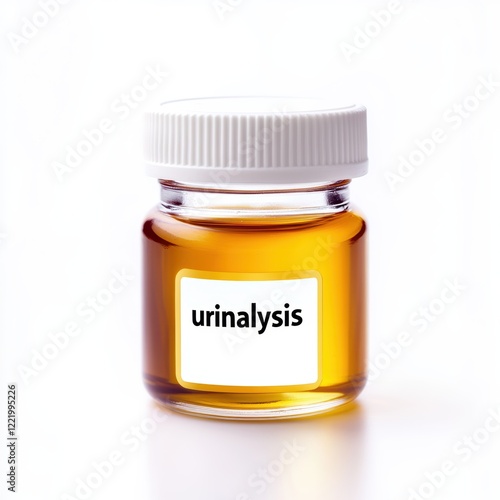 A clear urine sample in a labeled container for urinalysis, typically used for medical testing and health assessments