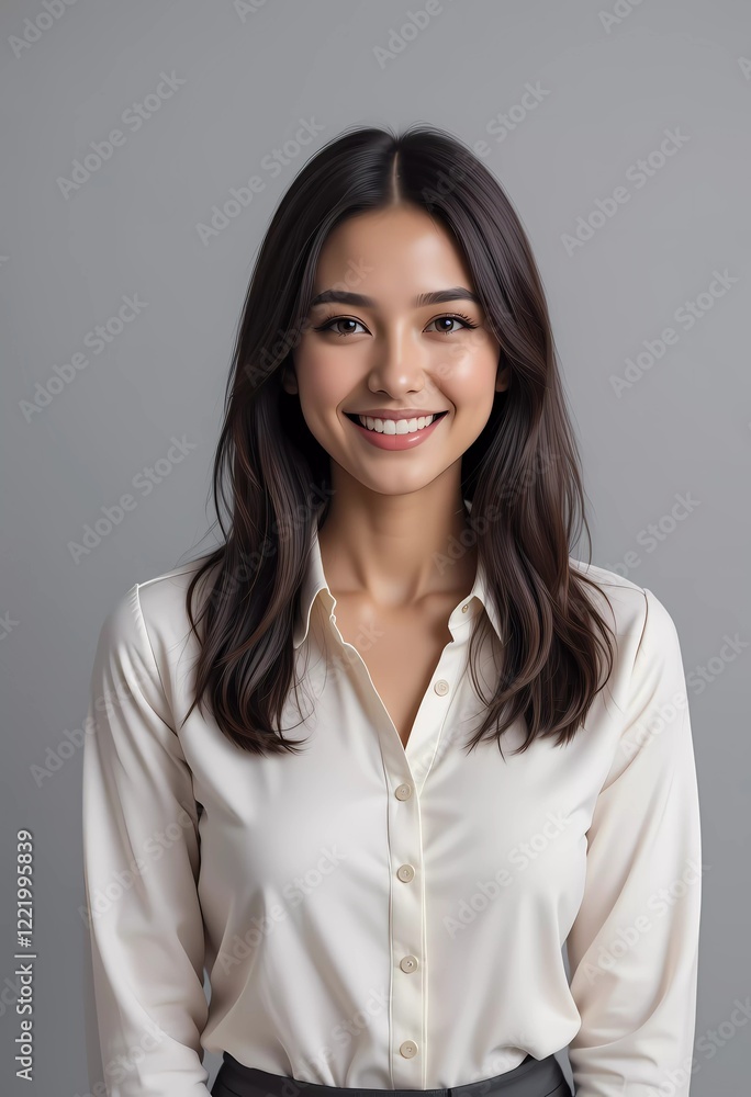 Professional Woman Smiling in Formal Outfit with Gray Background Professional Woman Smiling in Formal Outfit with Gray Background