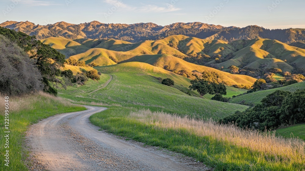 Naklejka premium Winding dirt road through sunlit rolling hills, golden hour landscape, travel brochure