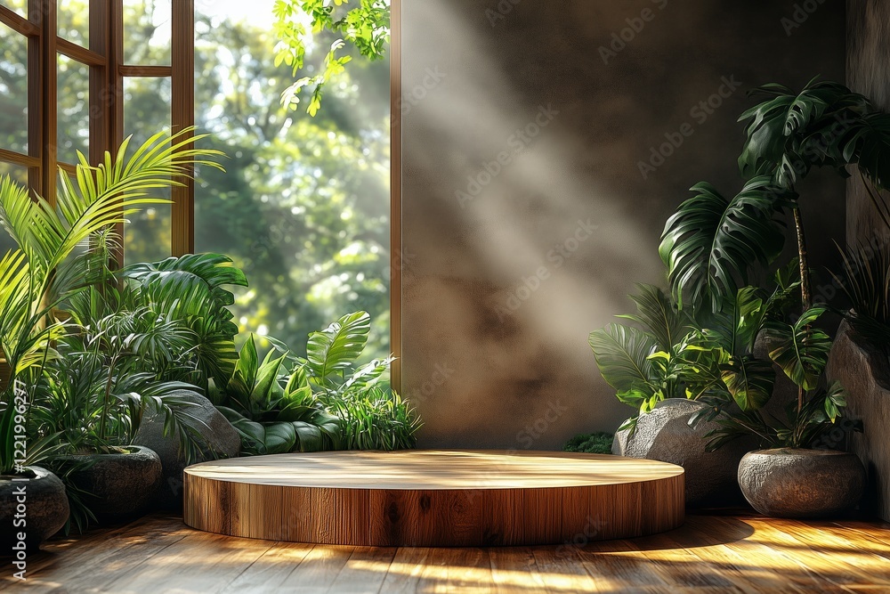 Obraz premium Minimalist Tropical Interior with Wooden Pedestal and Lush Green Plants. Backdrop design, soft brown, wood podium, product display 