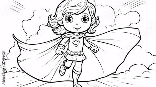 A cute little girl with a cape, drawn for a fun and easy coloring page.

