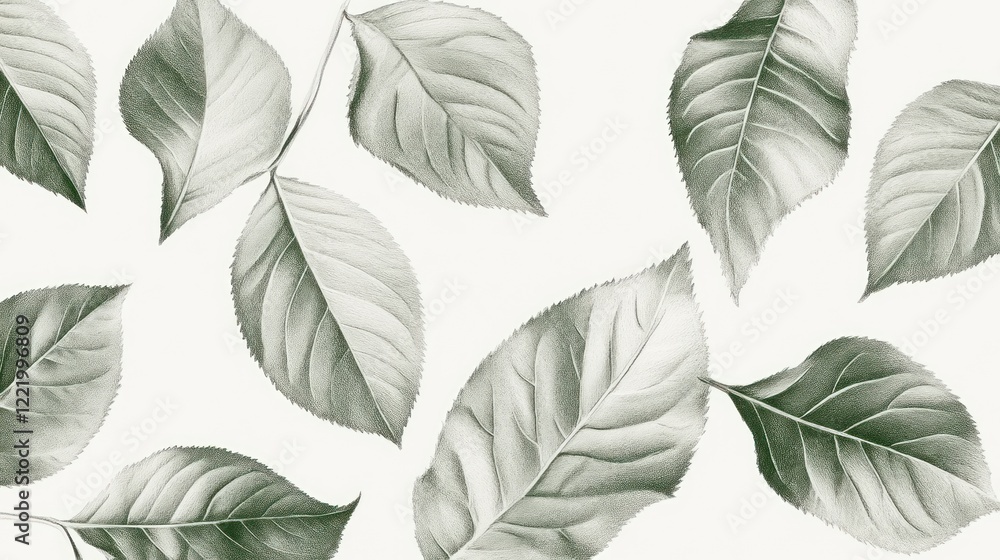 Fototapeta premium Green leaves, falling, white background, nature design, website banner