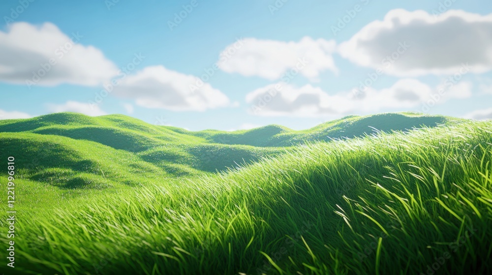Green grass blowing in the wind on rolling hills under blue sky Green grass blowing in the wind on rolling hills under blue sky