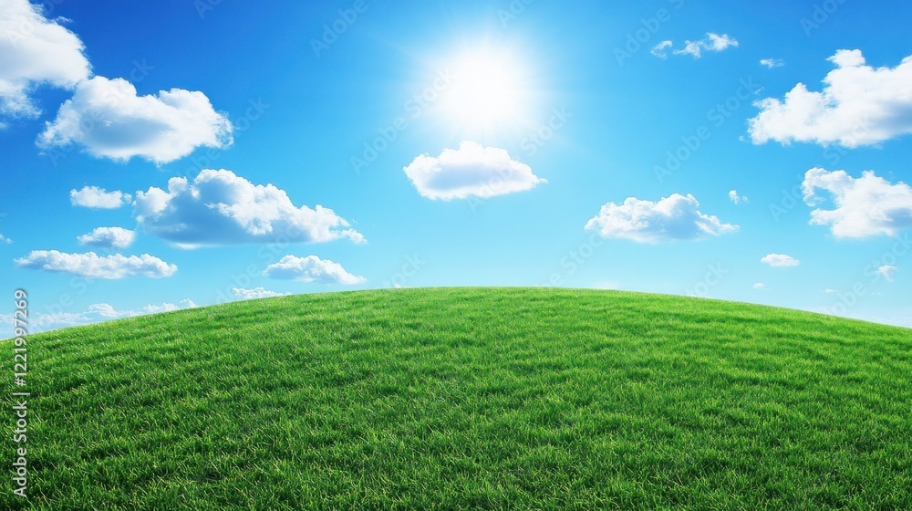 Fototapeta premium Sunny green hill, idyllic landscape, summer sky, pastoral scene, nature background, website banner