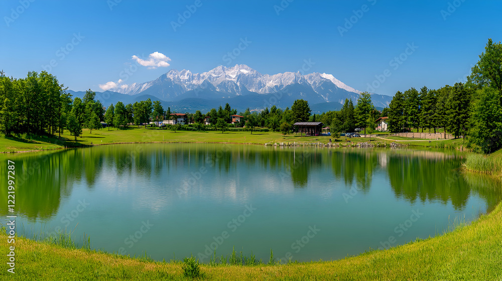 Fototapeta premium Calm lake reflecting mountains, park background