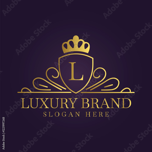 Luxury Brand Logo Design with Golden Crown Shield and Elegant Decorative Elements  

