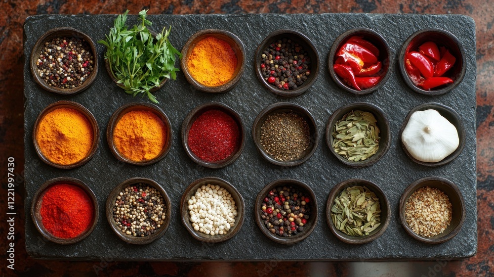 Spice rack, assorted herbs, kitchen counter, culinary photography, recipe Spice rack, assorted herbs, kitchen counter, culinary photography, recipe