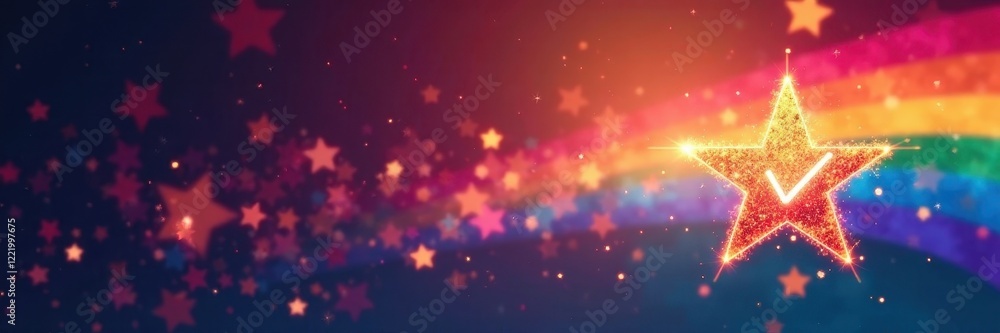 Sparkly starburst with checkmark on rainbow backdrop, colorful background, shiny Sparkly starburst with checkmark on rainbow backdrop, colorful background, shiny