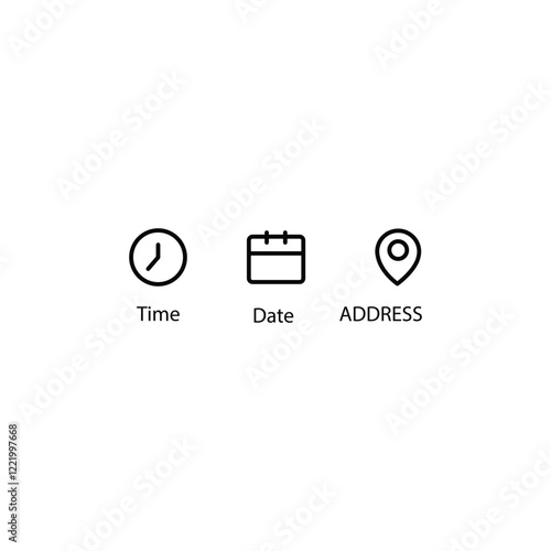 Date, Time, Address or Place Location, hour line icons set, editable stroke isolated on white, linear vector outline illustration, symbol logo design style