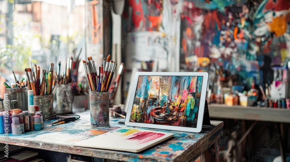 Creative Workspace with Tablet and Sketchbook Creative Workspace with Tablet and Sketchbook