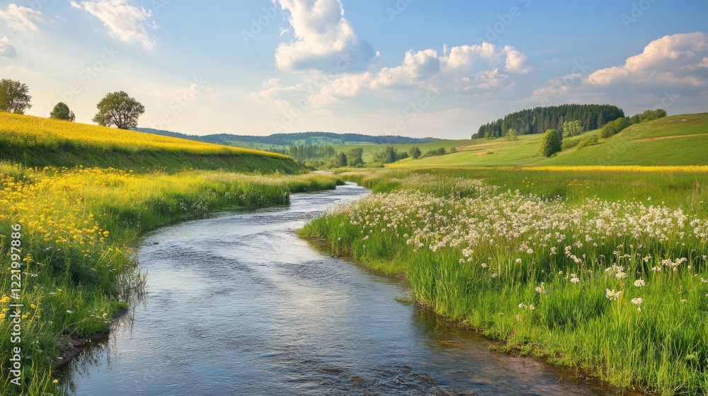 Obraz premium Serene stream flows through vibrant valley, wildflowers bloom, sunny day, pastoral landscape, idyllic scene