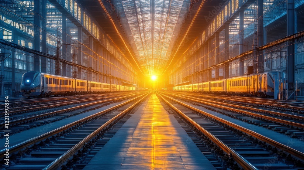 Fototapeta premium Sunset Train Depot High-speed trains in a vast industrial maintenance facility
