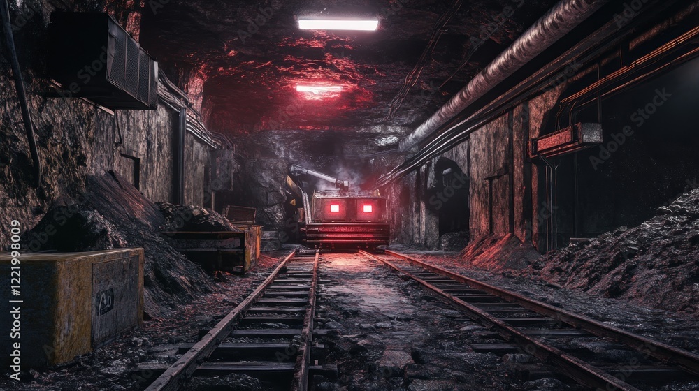 Naklejka premium Underground mine train transport, ore, dark tunnel, industrial, mining