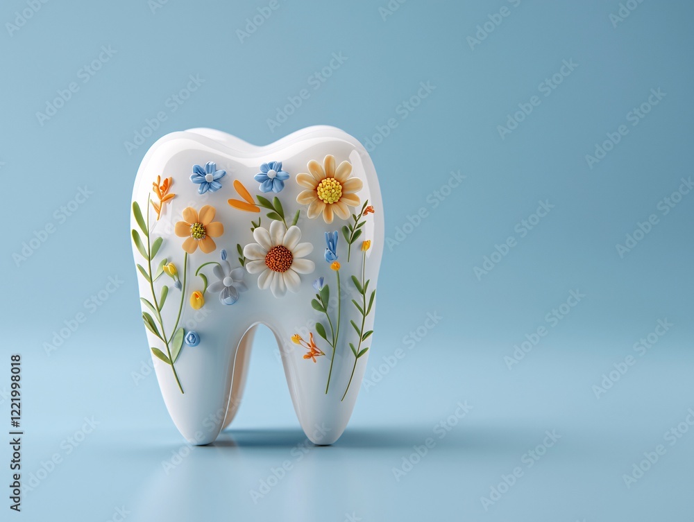 3D Human Tooth Anatomy concept. A decorative tooth sculpture adorned with colorful flowers against a soft blue background, symbolizing dental care and aesthetics.