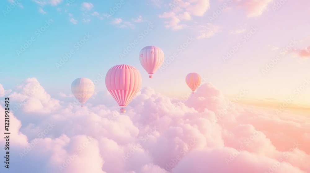 Obraz premium Pastel hot air balloons soar above dreamy cloudscape at sunset, perfect for travel brochures