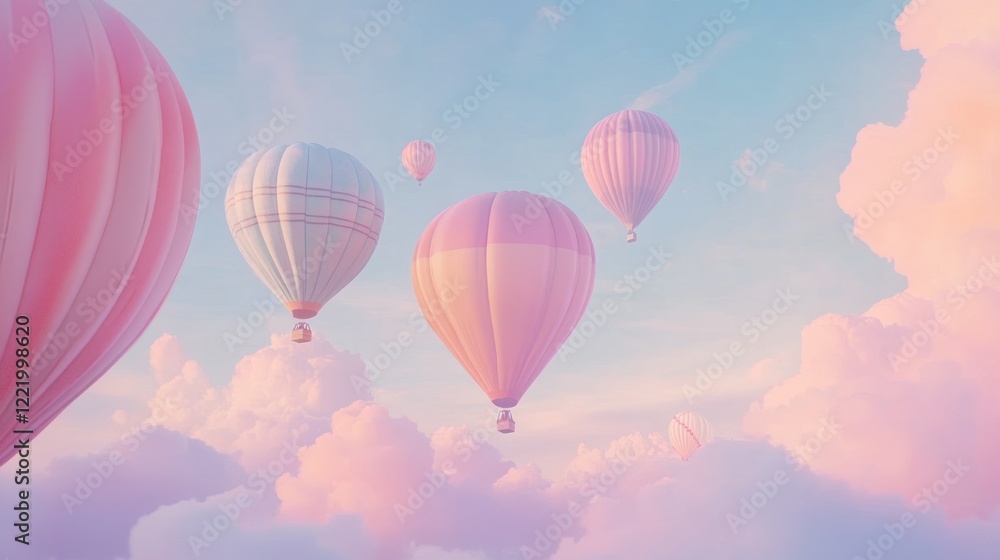 Obraz premium Pink hot air balloons float above pastel clouds at sunrise, travel poster