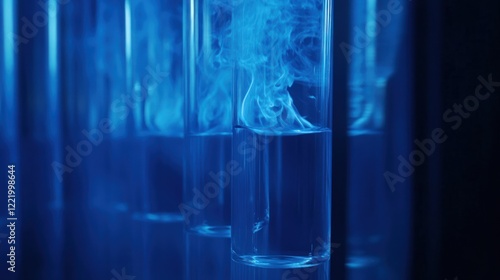 Blue liquid mixing in lab test tubes, science experiment, dark background, research photo