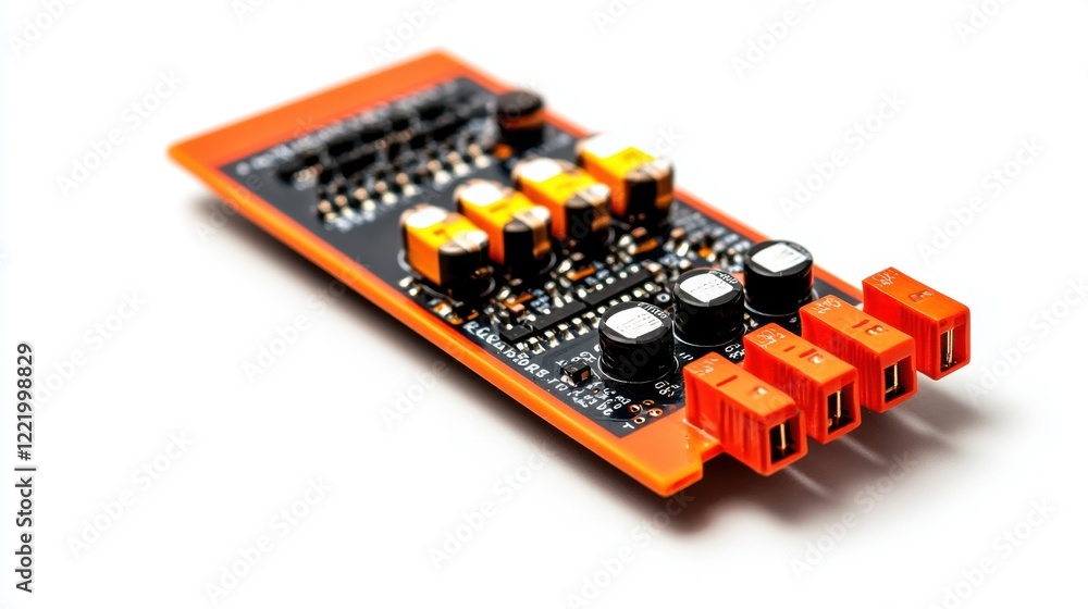 Electronic circuit board showing components and connectors on white background Electronic circuit board showing components and connectors on white background