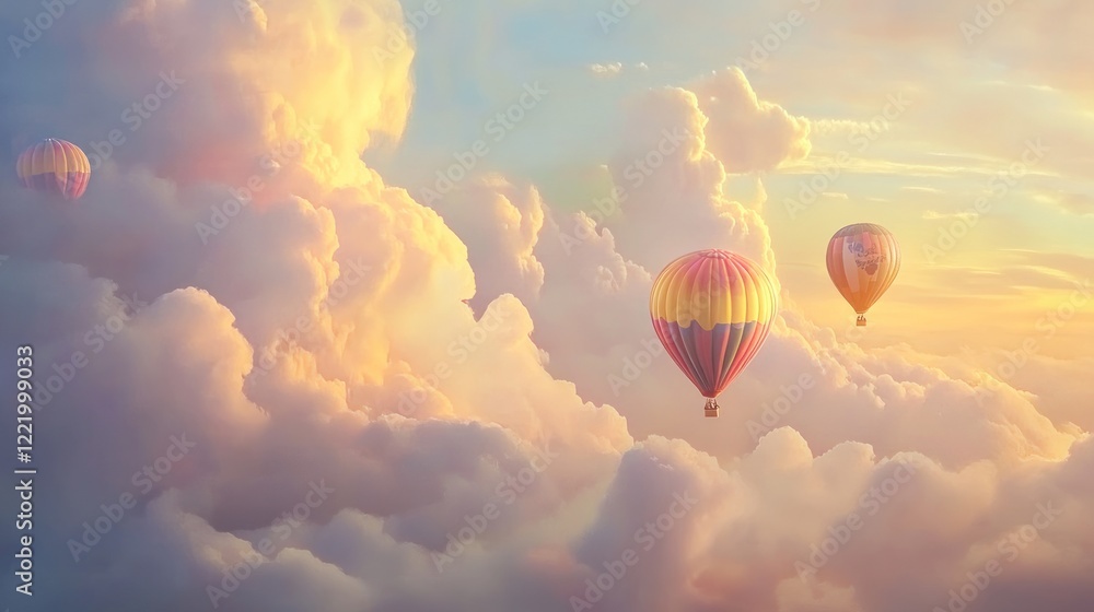 Fototapeta premium Hot air balloons soar above fluffy sunset clouds, travel adventure