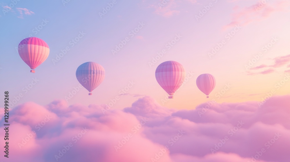 Obraz premium Pastel hot air balloons soar above dreamy sunrise cloudscape