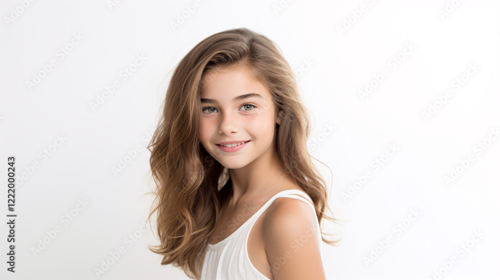 Happy young white girl looking straight at the camera with a cheerful expression, white background, space for text.
Happy young white girl looking straight at the camera with a cheerful expression, white background, space for text.