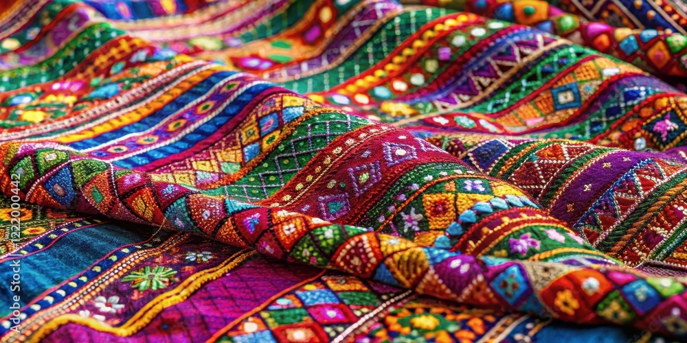 Vibrant Handcrafted Textile with Intricate Geometric Patterns and Colorful Embellishments Vibrant Handcrafted Textile with Intricate Geometric Patterns and Colorful Embellishments