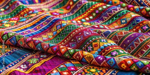 Vibrant Handcrafted Textile with Intricate Geometric Patterns and Colorful Embellishments