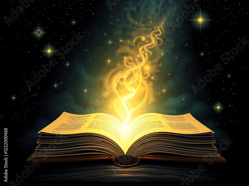 An ancient, glowing book emits golden light and magical smoke, set against a starry, dark background. generative ai photo