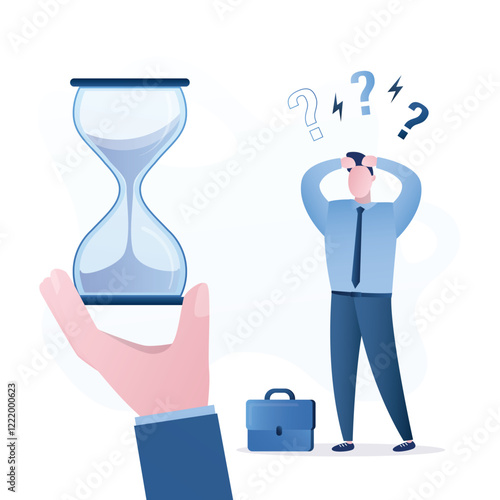 Unhappy businessman or male employee and boss hand holding sandglass before time over. Project deadline, running out of time or time management. photo