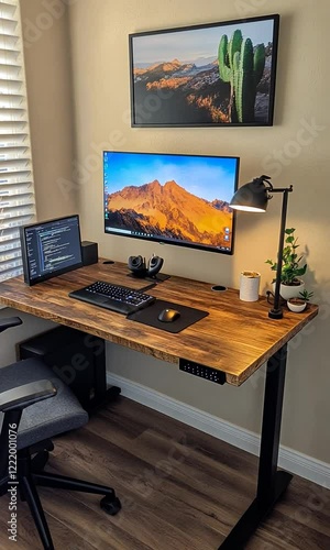 Wallpaper Mural Modern workspace with computer and mountain view decor Torontodigital.ca