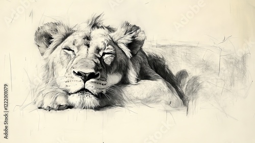 Serene Lioness Resting a detailed pencil drawing of a tranquil lioness with closed eyes laying down her head on her paws