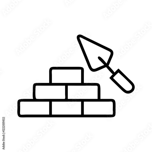 Brick and trowel icon in black and white outline style
