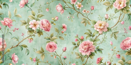 Elegant Pink Roses and Delicate Blooms on a Soft Green Background